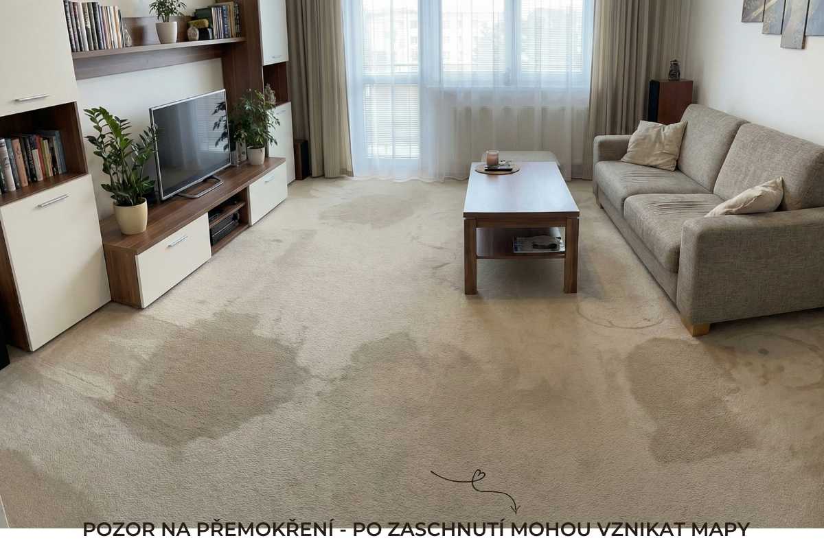 Pozor na přemokření koberce, po vyschnutí mohou vznikat mapy od vody.