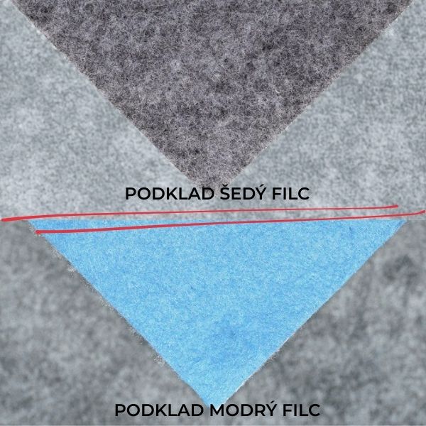 Šedý a modrý filcový podklad u metrážového koberce